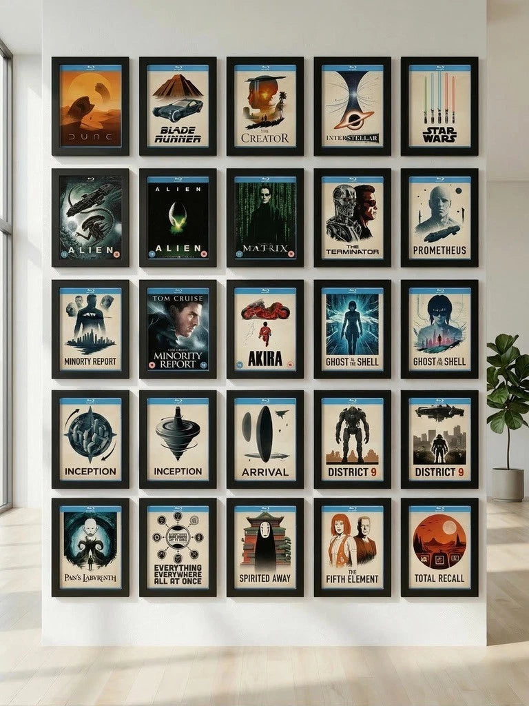 Mehrere Blu-ray- und Spielehüllen in schwarzen Wandrahmen an einer hellen Wand